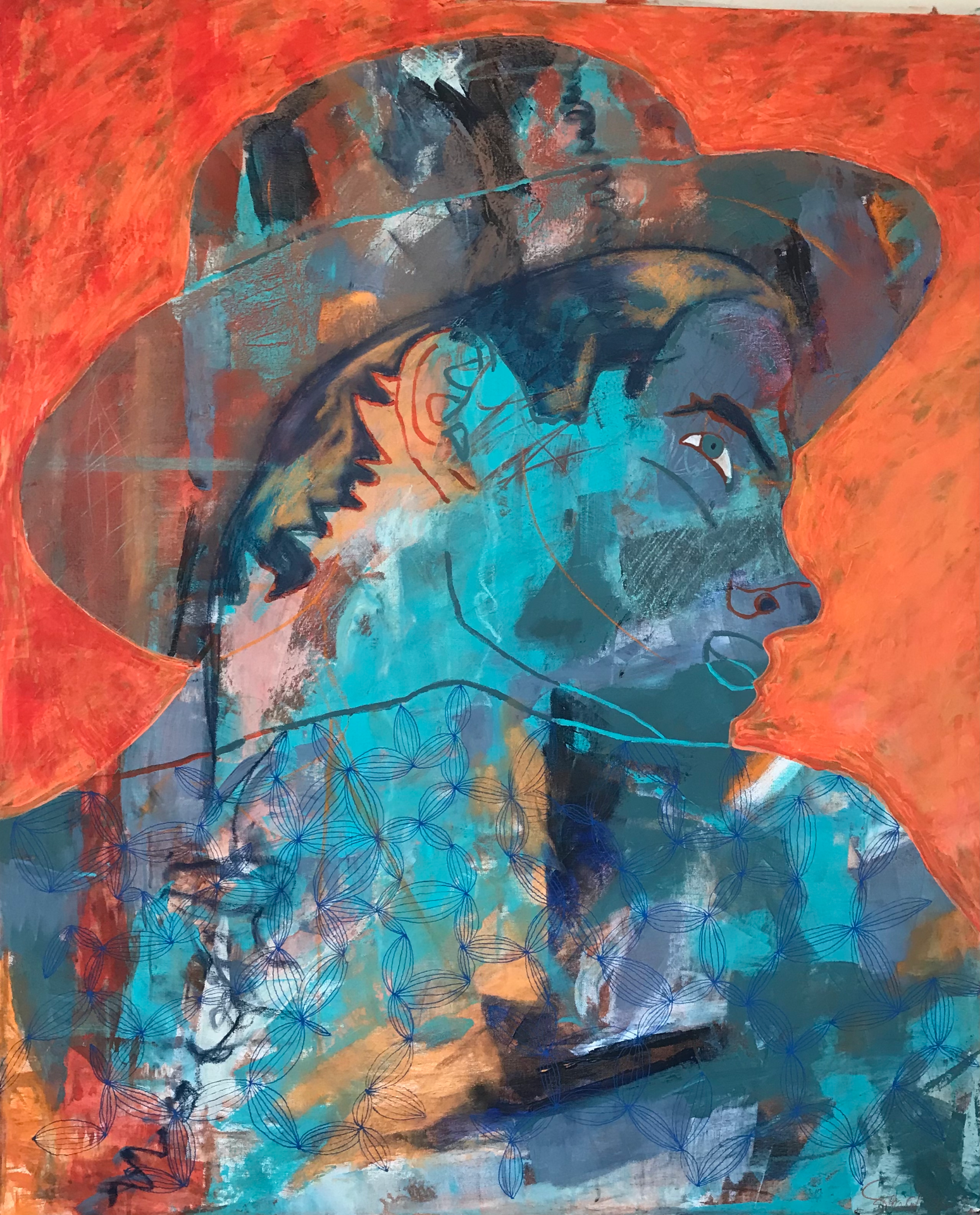 "Rytter til hest" Akryl på lærred (privateje) 100 x 120 cm