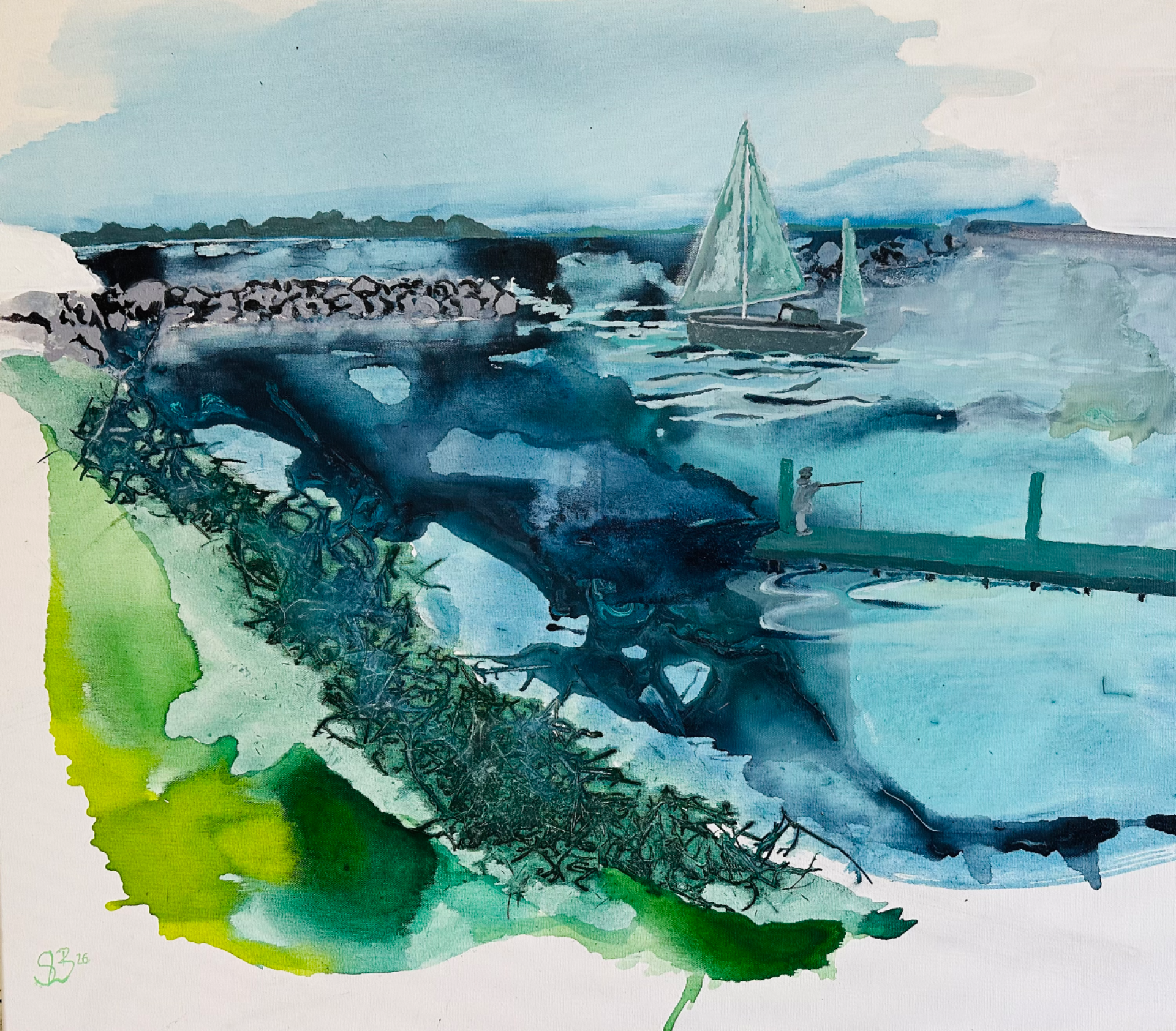 "Veddelev harbor" Flydende akryl/air brush på 70x80 cm lærred