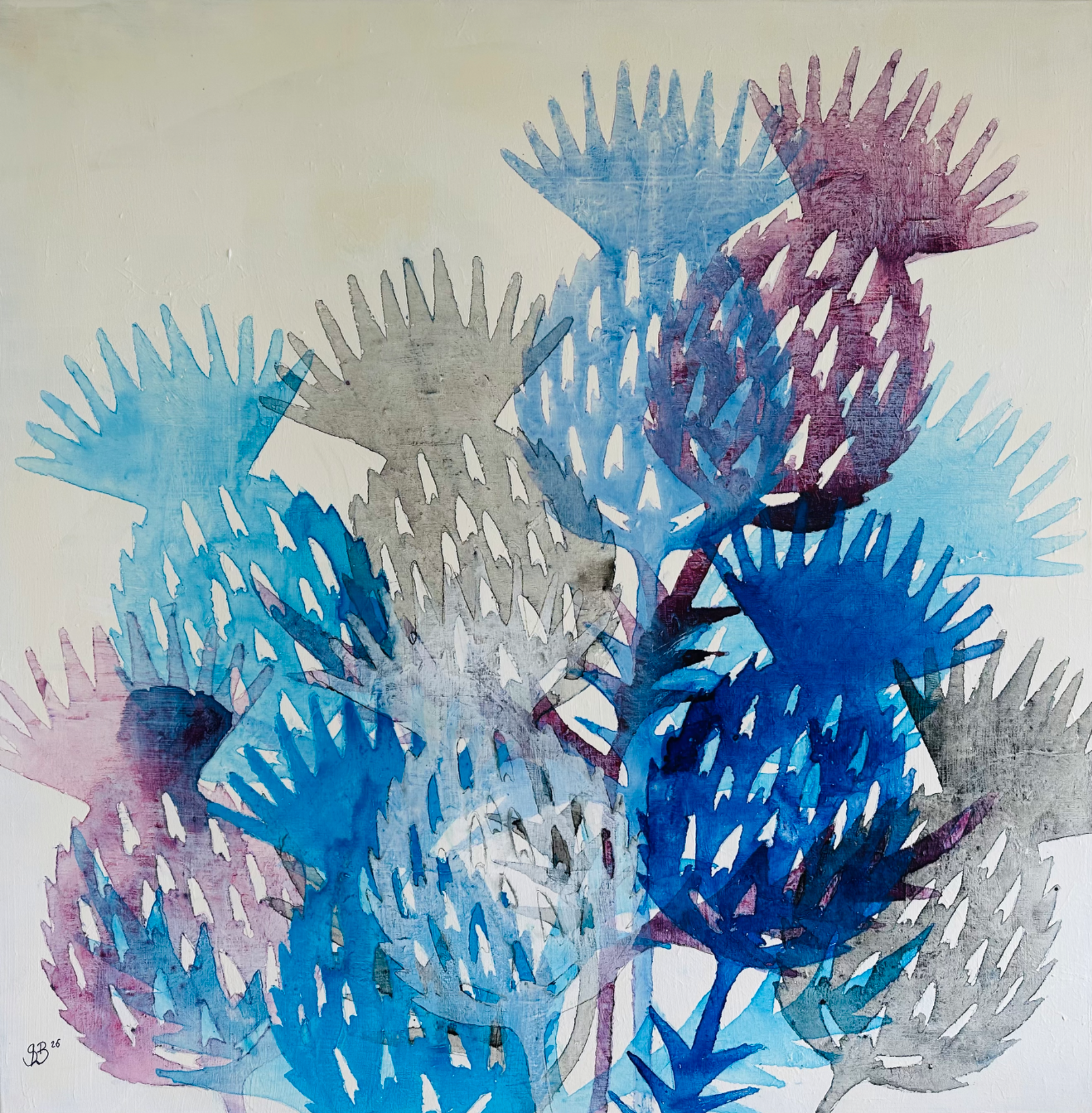"Thistle" Flydende akryl/air brush på 100x100cm lærred