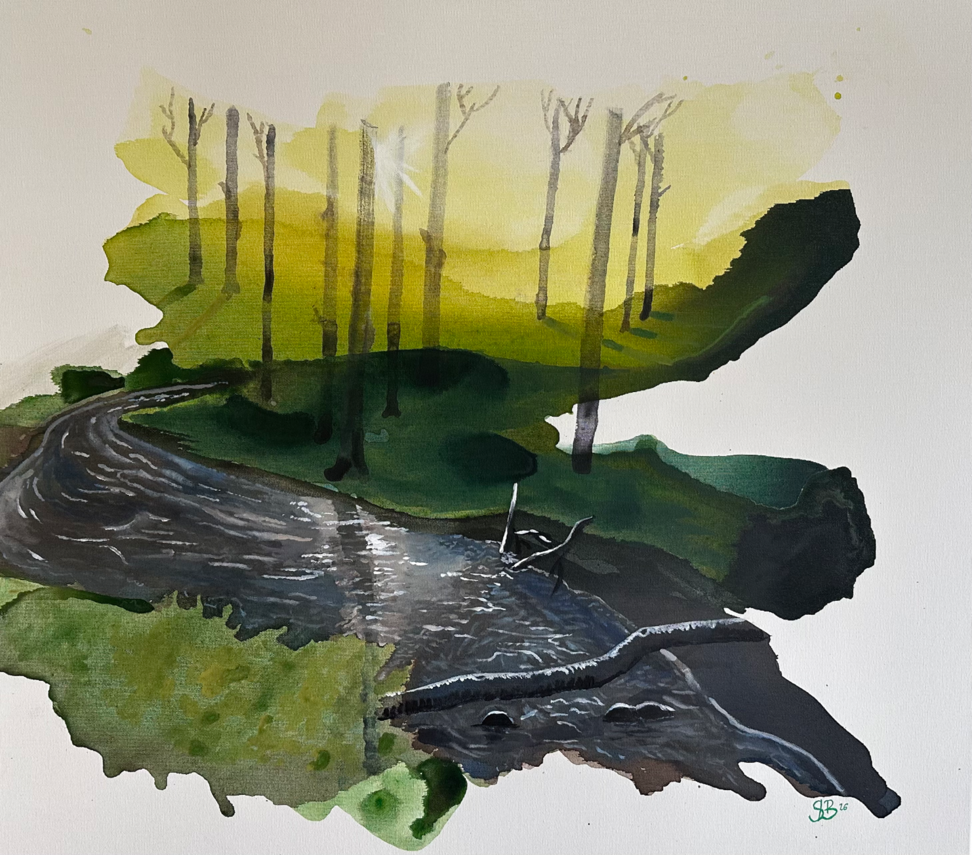"Stream in the forest" flydende akryl på 70x80cm lærred